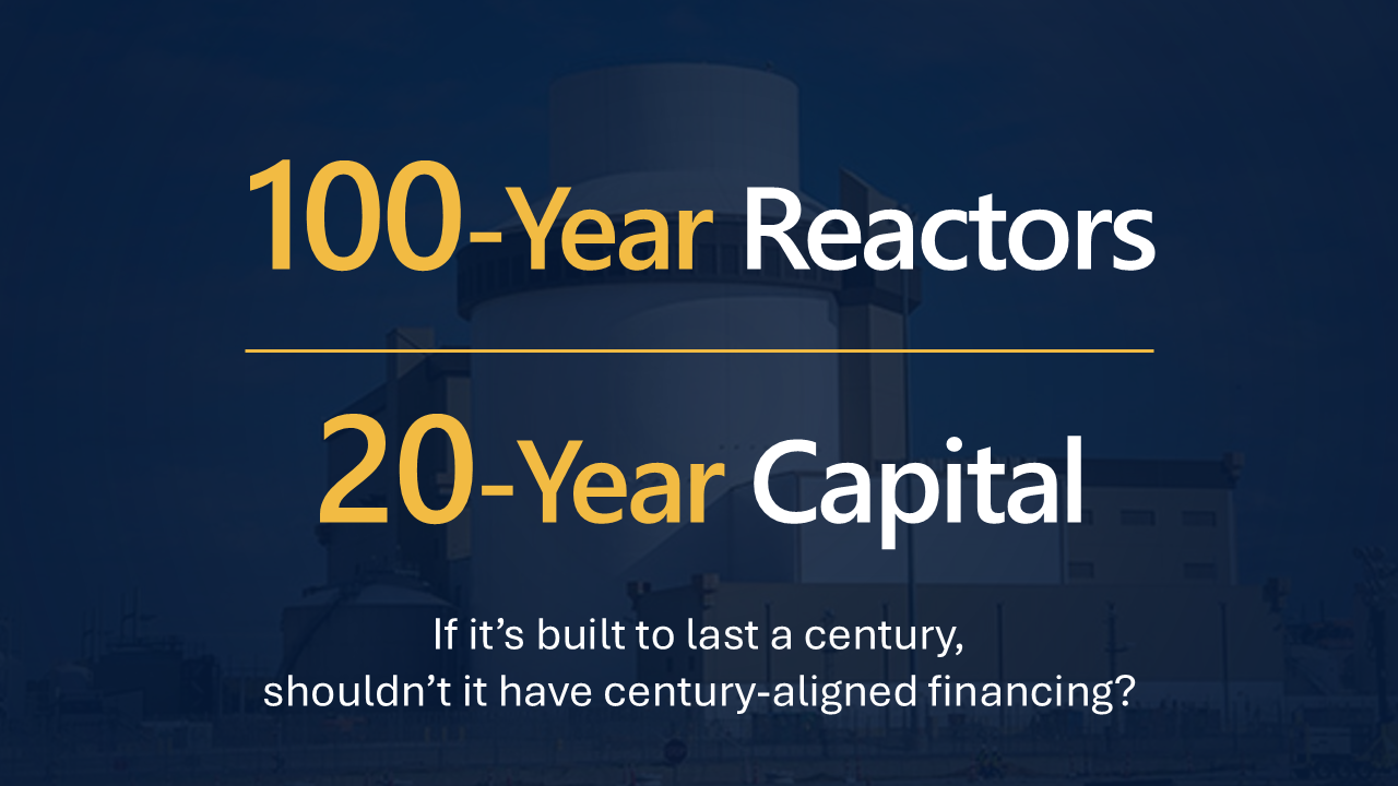 Editorial-style graphic representing nuclear finance shifting from uncertainty to long-term engineered predictability through contracts, capital, regulation, and standardized designs.
