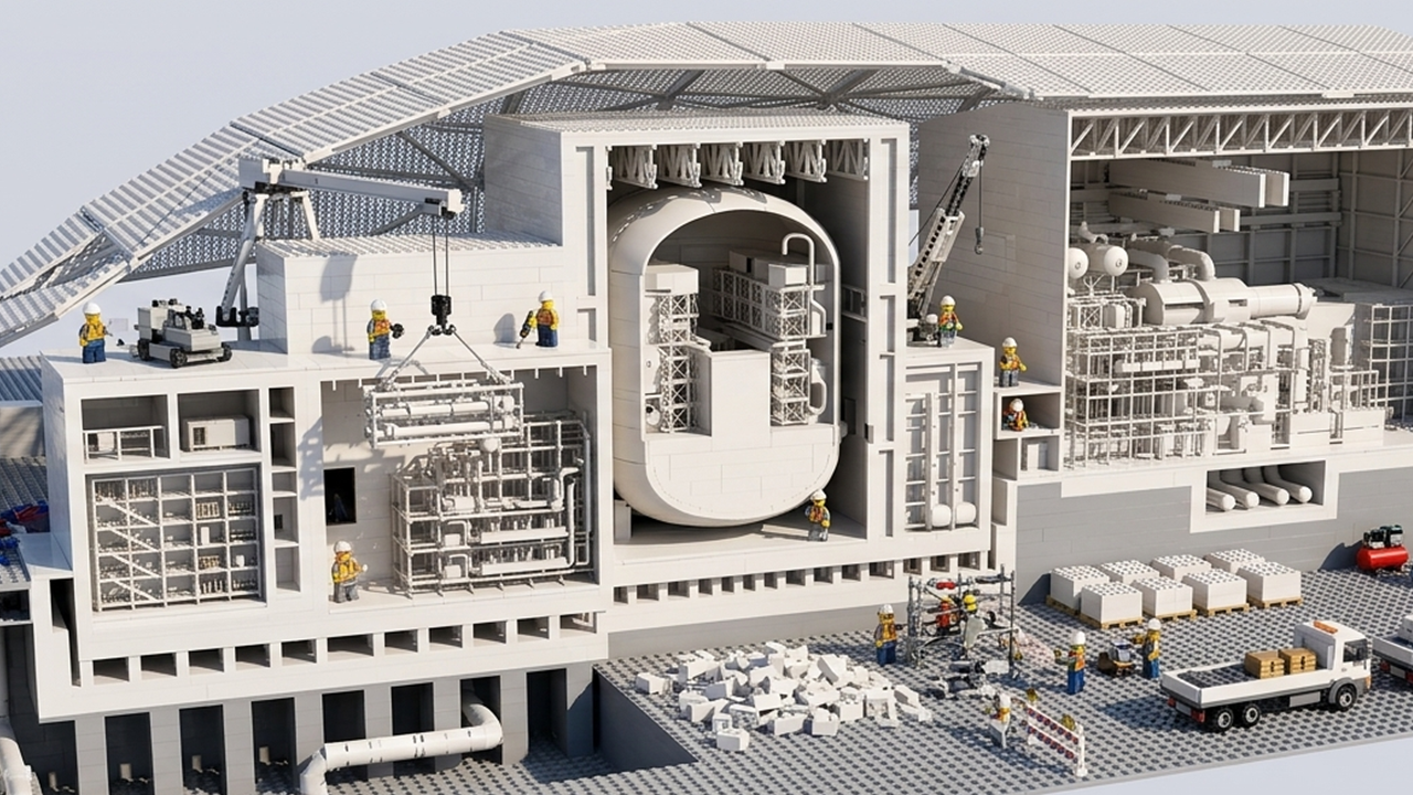 Editorial-style graphic representing the industrial building blocks of the next nuclear era coming together across policy, fuel, operations, manufacturing, and workforce development.