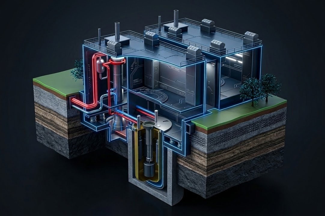 Editorial-style illustration of a cutaway nuclear power plant under construction, rendered like a precision-built model with exposed internal systems and workers assembling major components, emphasizing nuclear as foundational infrastructure.