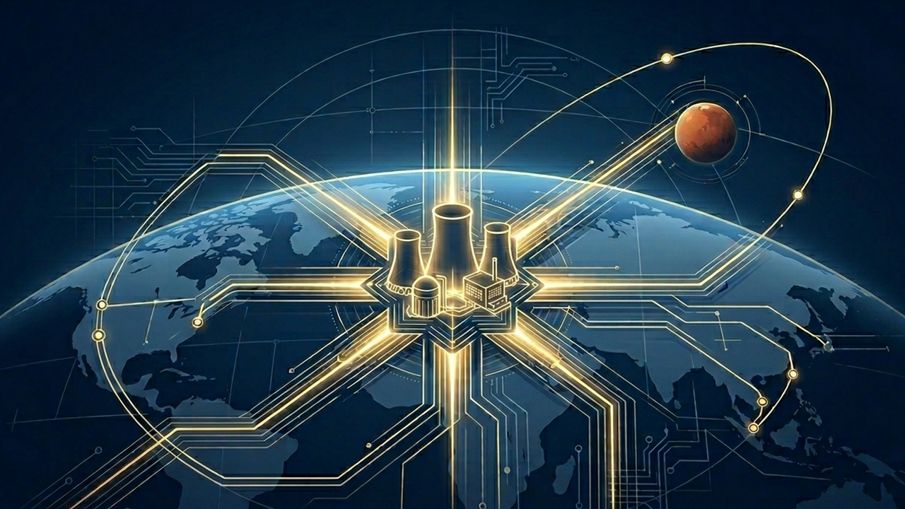 Editorial-style illustration of a glowing nuclear energy hub set at the center of the Earth, with circuit-like pathways extending across the globe and an orbital path reaching toward Mars, suggesting nuclear’s expanding role across infrastructure, technology, and space.