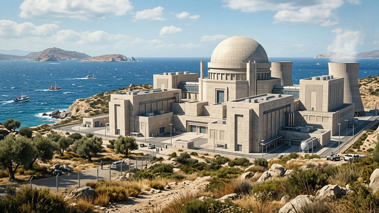 Editorial-style illustration of a monumental modern nuclear power facility overlooking a rocky Mediterranean coastline, with stone-toned architecture and a timeless civic-infrastructure feel.