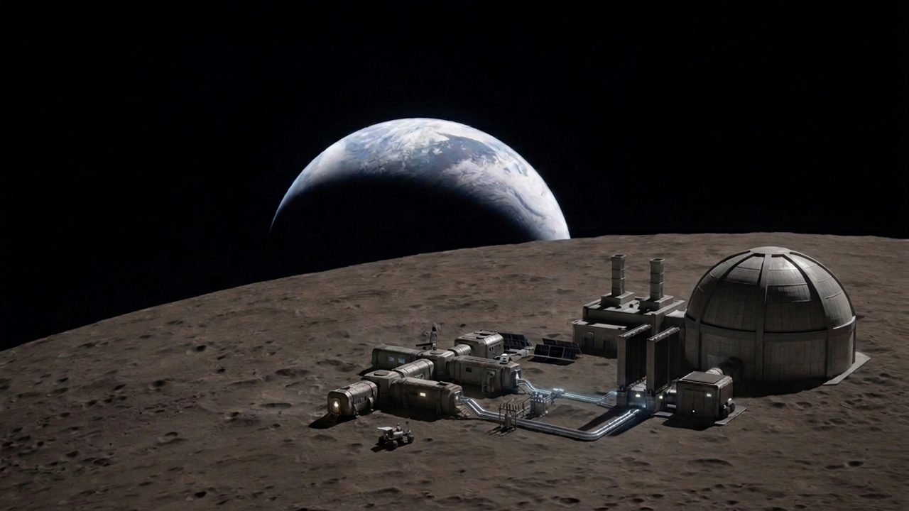 Editorial-style illustration of a lunar surface outpost powered by a nuclear facility, with connected habitat modules in the foreground and Earth rising above the moon's horizon in deep space.