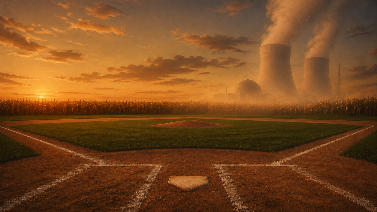 Editorial-style illustration of a baseball diamond carved out of a cornfield at sunset, with nuclear cooling towers and a reactor dome rising from the mist in the background, evoking the moment the nuclear industry steps up to perform.