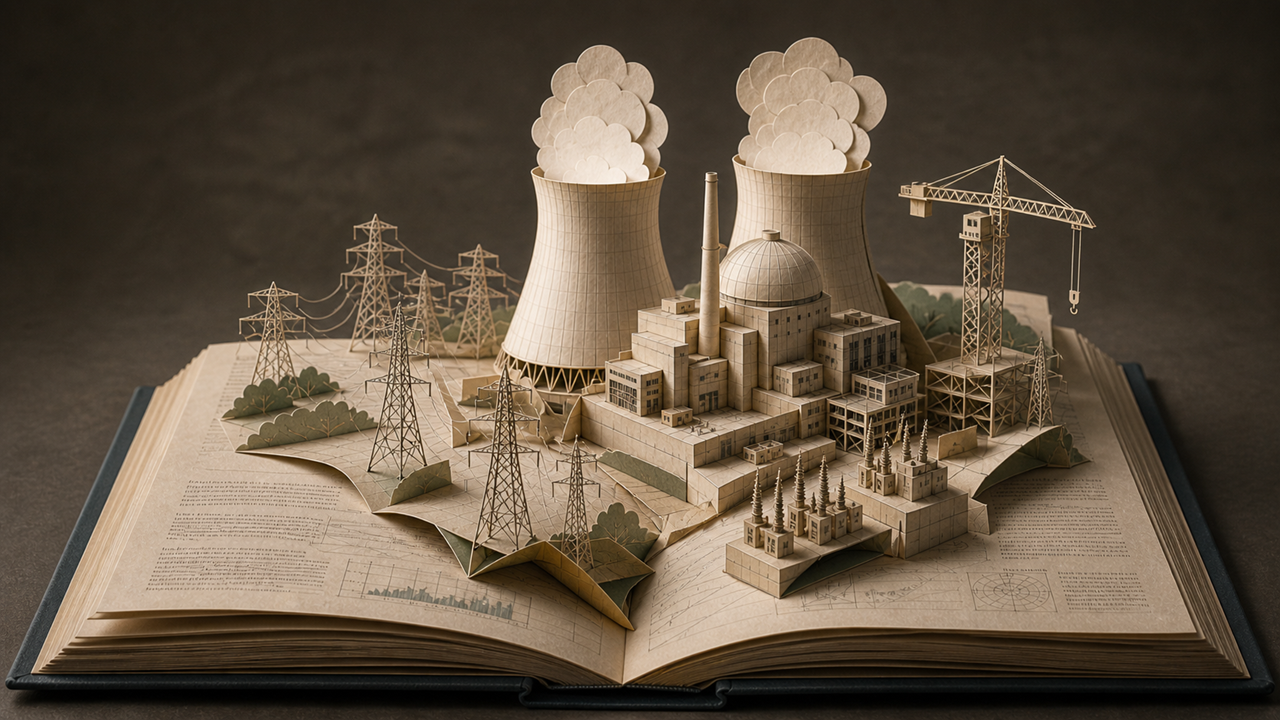 Editorial-style paper-craft illustration of an open book with a detailed nuclear power plant rising from its pages as a three-dimensional pop-up structure, with transmission towers, a construction crane, and surrounding infrastructure unfolding across the spread.