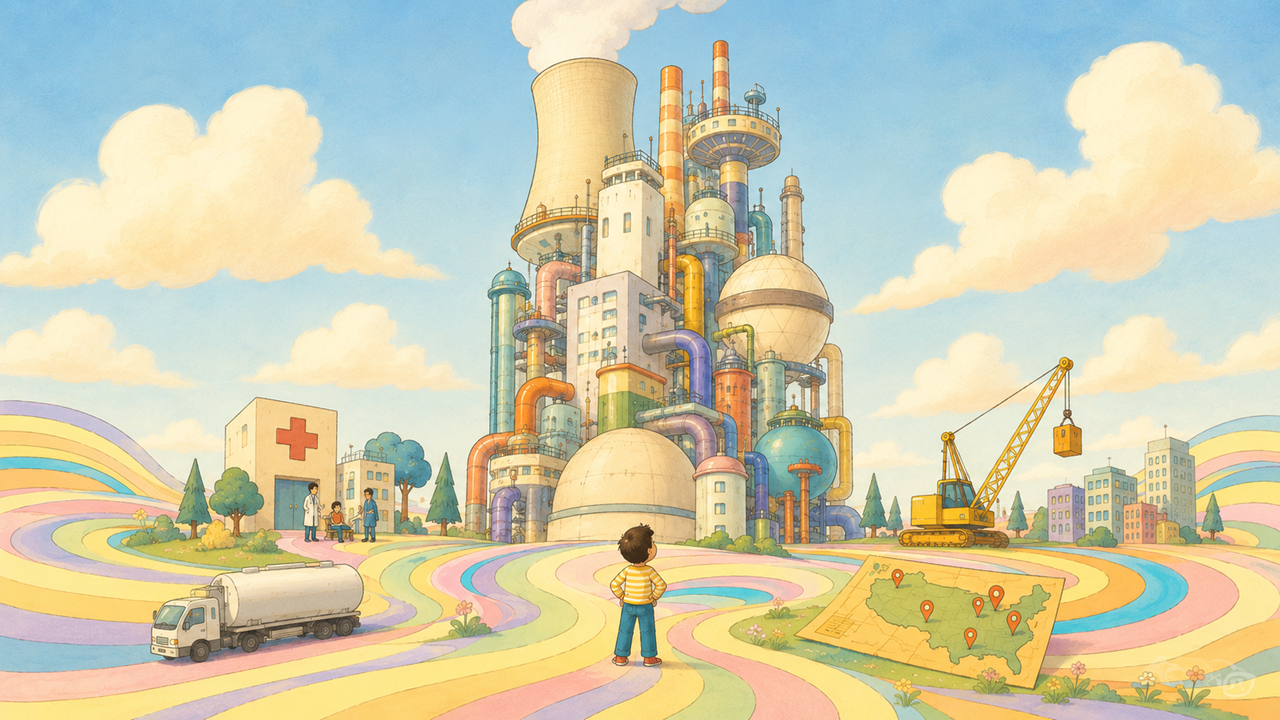 Whimsical editorial-style illustration of a fantastical nuclear facility towering over a Seussian landscape, with rainbow-striped roads radiating outward, a medical building, a fuel transport truck, a construction crane, and a map with location pins surrounding a small figure looking up in wonder.