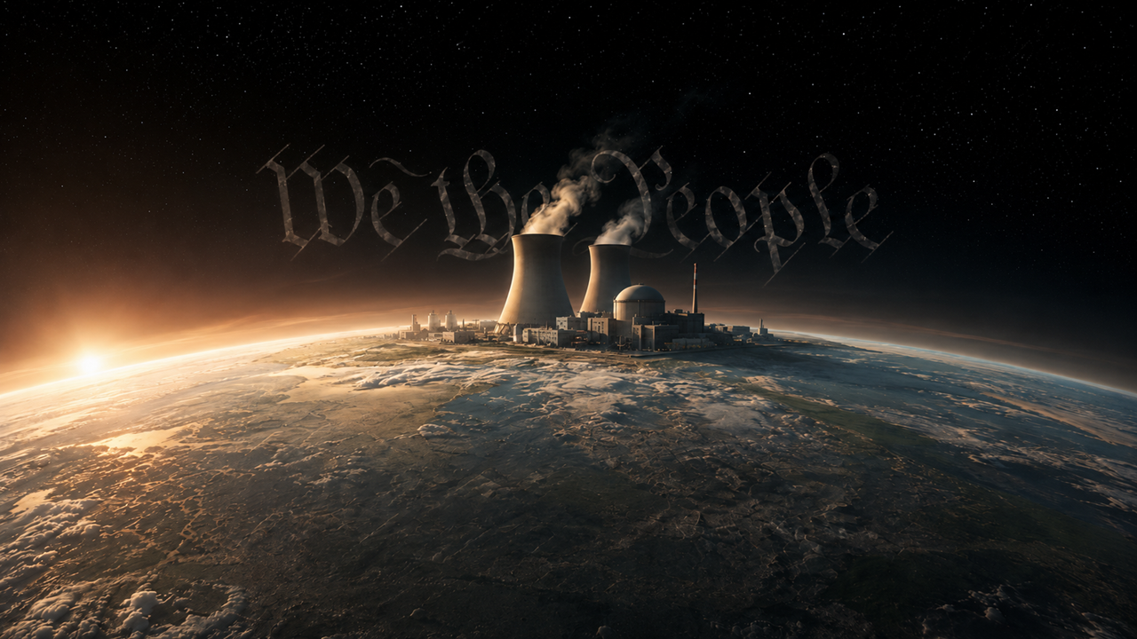 Editorial-style cinematic illustration of a nuclear power plant sitting on the curve of the Earth as seen from low orbit, with cooling towers and a containment dome rising against a star field, a warm sunrise glowing on the left horizon, and the words 'We the People' rendered in faded calligraphic script in the dark space behind the plant.