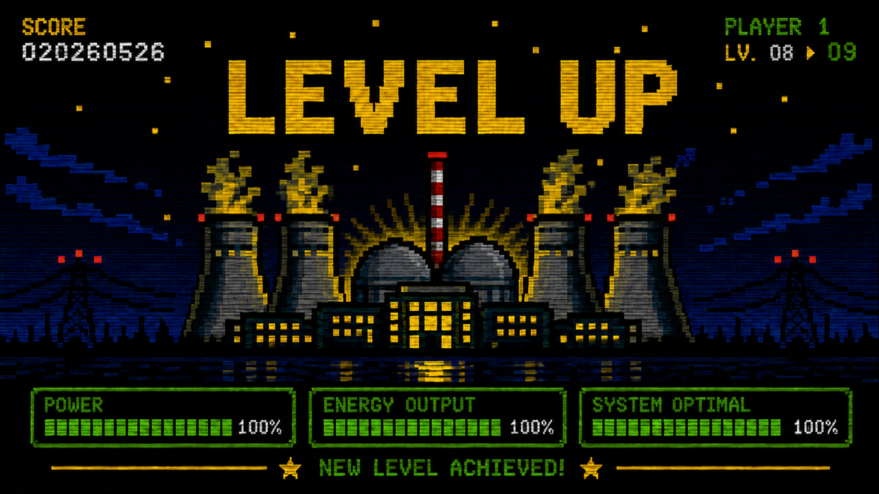 Retro 8-bit pixel art video game level up screen featuring a nuclear power plant with cooling towers and containment dome rendered in chunky pixel blocks, glowing gold against a deep blue night sky, with LEVEL UP in large pixelated letters at the top, three progress bars all at 100% along the bottom, and NEW LEVEL ACHIEVED displayed in pixel font beneath them.