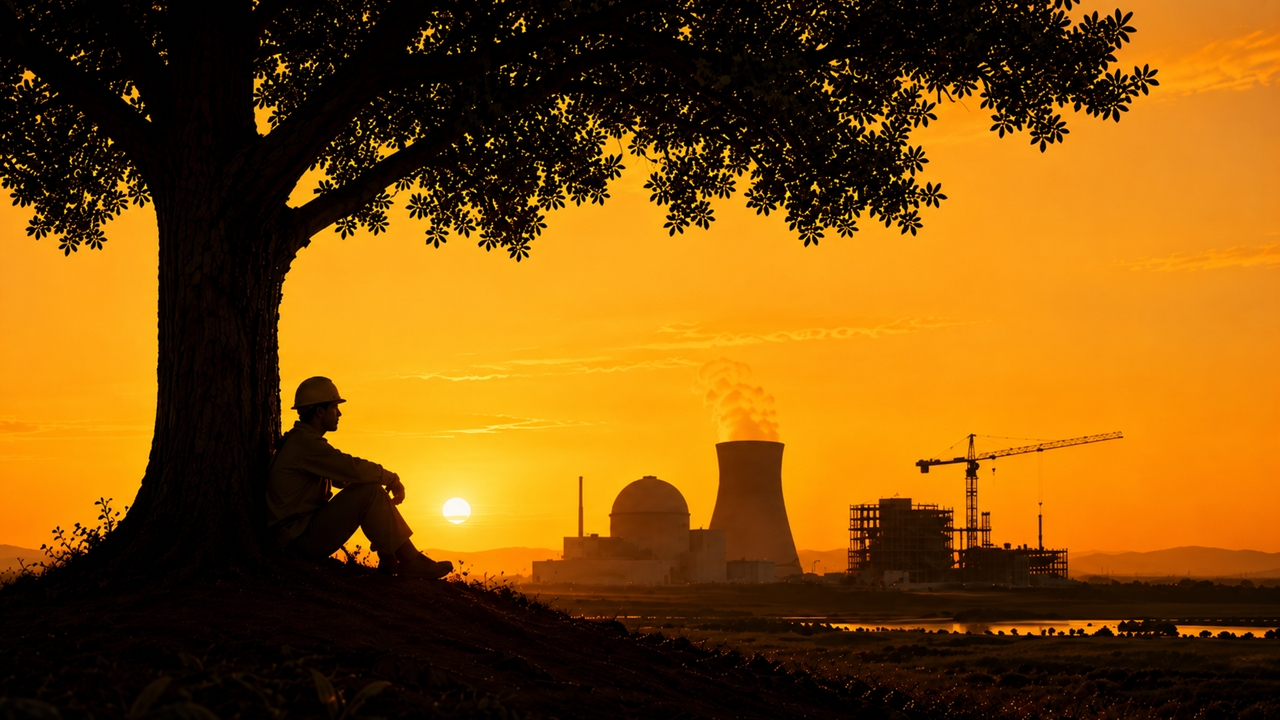 Editorial-style golden-hour silhouette illustration of a nuclear plant worker in a hard hat sitting at the base of a large mature tree, resting in its shade, while in the sunlit distance two nuclear power stations stand against an amber sky, one complete and operating with a containment dome and steaming cooling tower, and one still under construction with a tall crane and exposed structural framework.