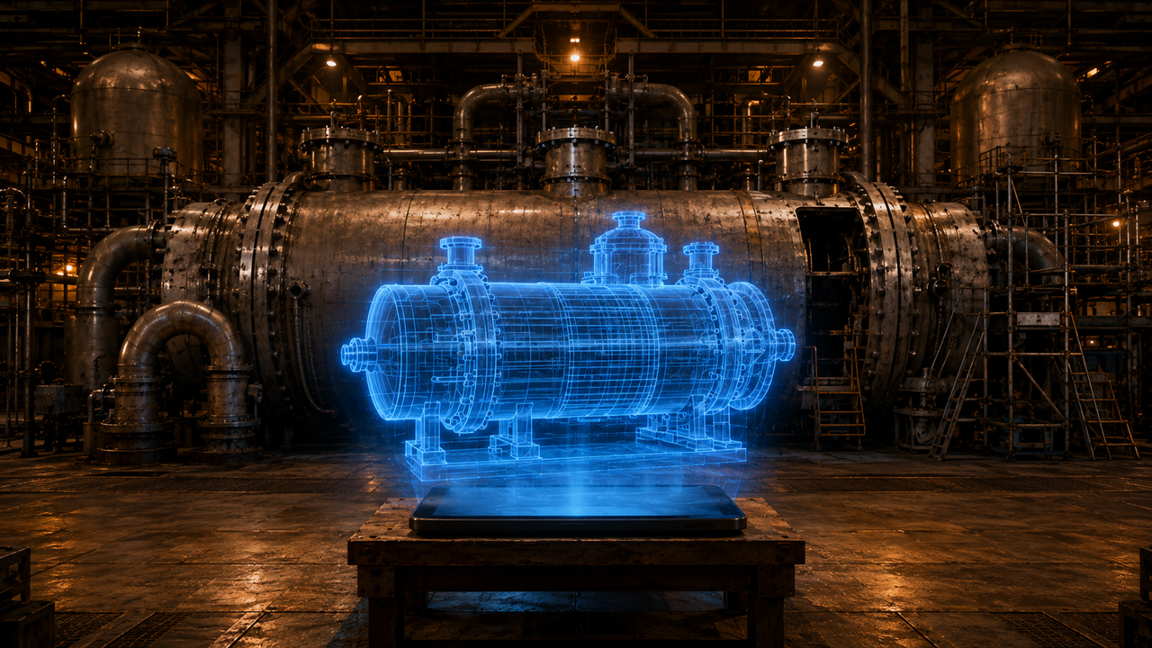 Blue holographic schematic of a large reactor component projected from a tablet on a workbench inside a warm amber-lit nuclear plant industrial hall filled with full-scale pipes, vessels, platforms, and steel structures.