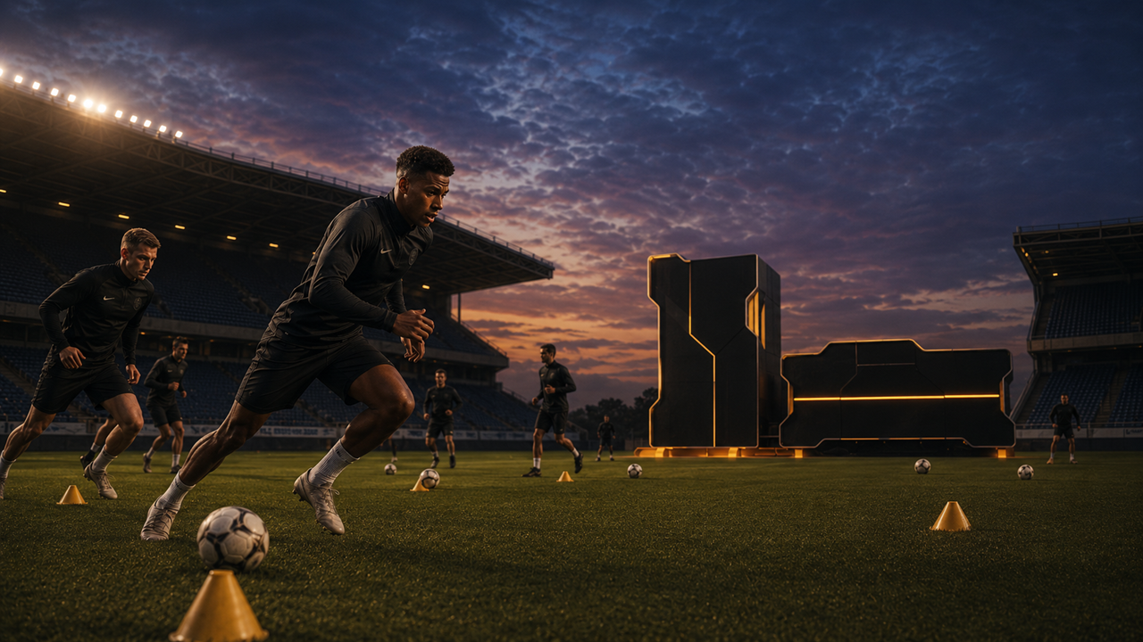 Editorial-style cinematic illustration of a football team running training drills with cones and balls on a stadium pitch at dusk, the stands largely empty, with a sleek matte-black advanced nuclear reactor unit accented in amber light standing at realistic scale at the far end of the field where the goal would be, conveying the unseen groundwork that makes a visible win possible.