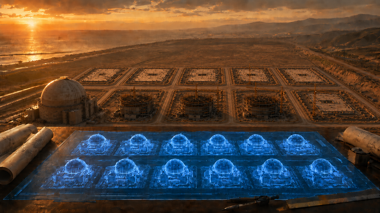 Editorial-style cinematic illustration of a planning table holding a glowing blue wireframe master plan of ten nuclear reactor units in two rows of five, with a real industrial build site beyond it at golden hour laid out in the same grid, where a single reactor stands complete, a few rise as steel skeletons under cranes, and the remaining positions are cleared foundation pads receding toward a distant coastline, conveying a ten-unit fleet that exists in full only on the plan.