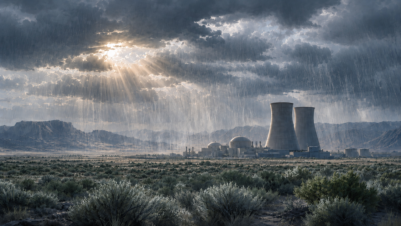 Editorial illustration of a nuclear power facility on Idaho high desert sage flats, with a visible rain curtain falling across the middle distance, sunlight breaking through dramatic cloud cover from the left, cooling towers and reactor domes solid in the mid-ground, grey-green sagebrush in the foreground catching the rain.