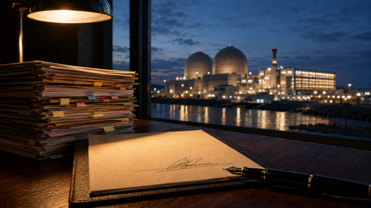 Editorial-style cinematic illustration of a freshly signed document lying open on a dark wooden desk under warm lamplight with a fountain pen resting beside the signature, a tall stack of worn, tab-marked folders piled alongside it, and beyond a tall window a completed nuclear power station standing lit and operating across dark water at blue hour, conveying that a single signature was the last thing standing between years of accumulated paperwork and a plant that was already finished.