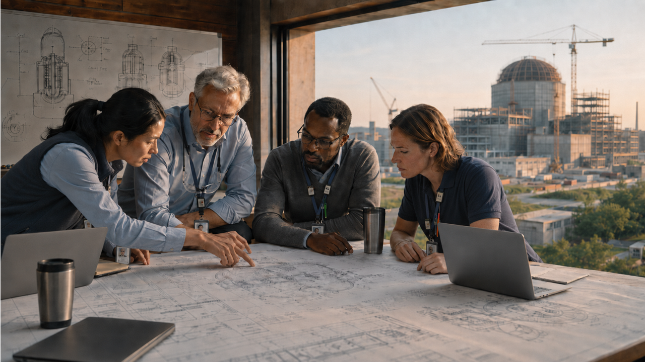 Editorial-style cinematic illustration of four engineers of varied age and background leaning over a wide table spread with detailed reactor schematics, studying the plans together in warm early light with employee badges on their lanyards, a containment dome under construction and a tower crane standing through the tall window behind them, conveying an industry that studies its next move with deliberate care as the build goes on outside.
