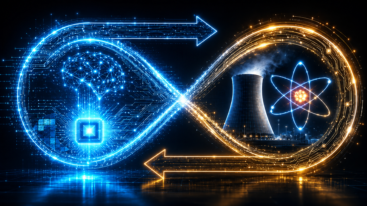 A wide dark cover showing a glowing figure-eight loop, its left lobe rendered in electric blue as a digital brain, microchip, and circuit traces standing in for AI, its right lobe in amber gold as a nuclear cooling tower with rising steam beside a bright atomic symbol, the two halves joined at a luminous central crossing, with one arrow sweeping right across the top and another sweeping left across the bottom to show power flowing both ways between them.