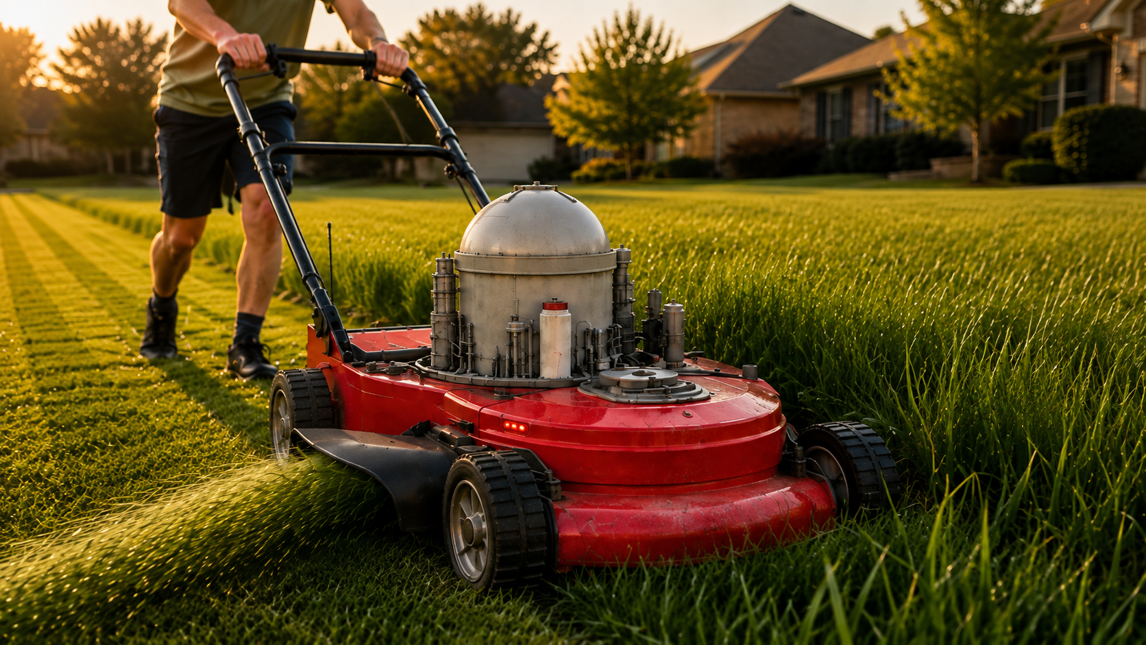 A person in shorts and a t-shirt pushes a scuffed red push-mower across a striped suburban lawn at golden hour, and where the mower's engine should be sits a small nuclear reactor, a metal containment dome ringed by control-rod drive mechanisms and piping, carrying the edition's idea that an industry once primed by government is now running under its own power.